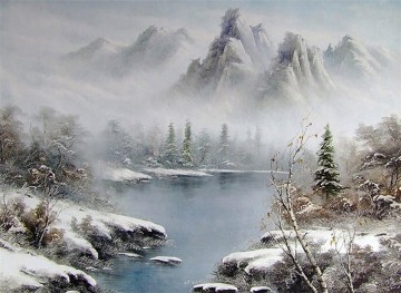 See und Berge im Nebel Stil von Bob Ross Ölgemälde